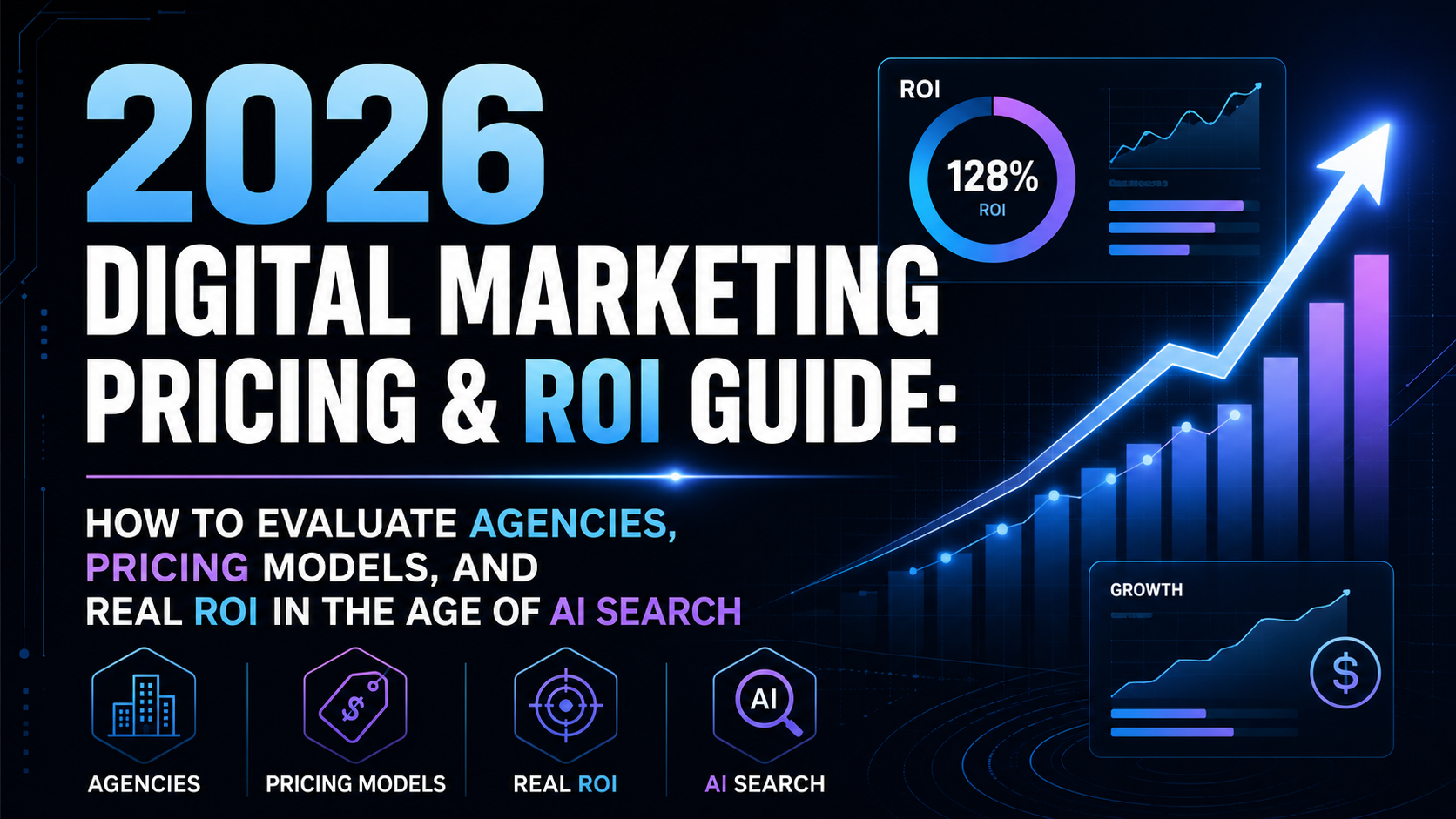2026 Digital Marketing Pricing and ROI Guide hero with neon blue growth charts, ROI dashboard, and agency evaluation icons on a dark background