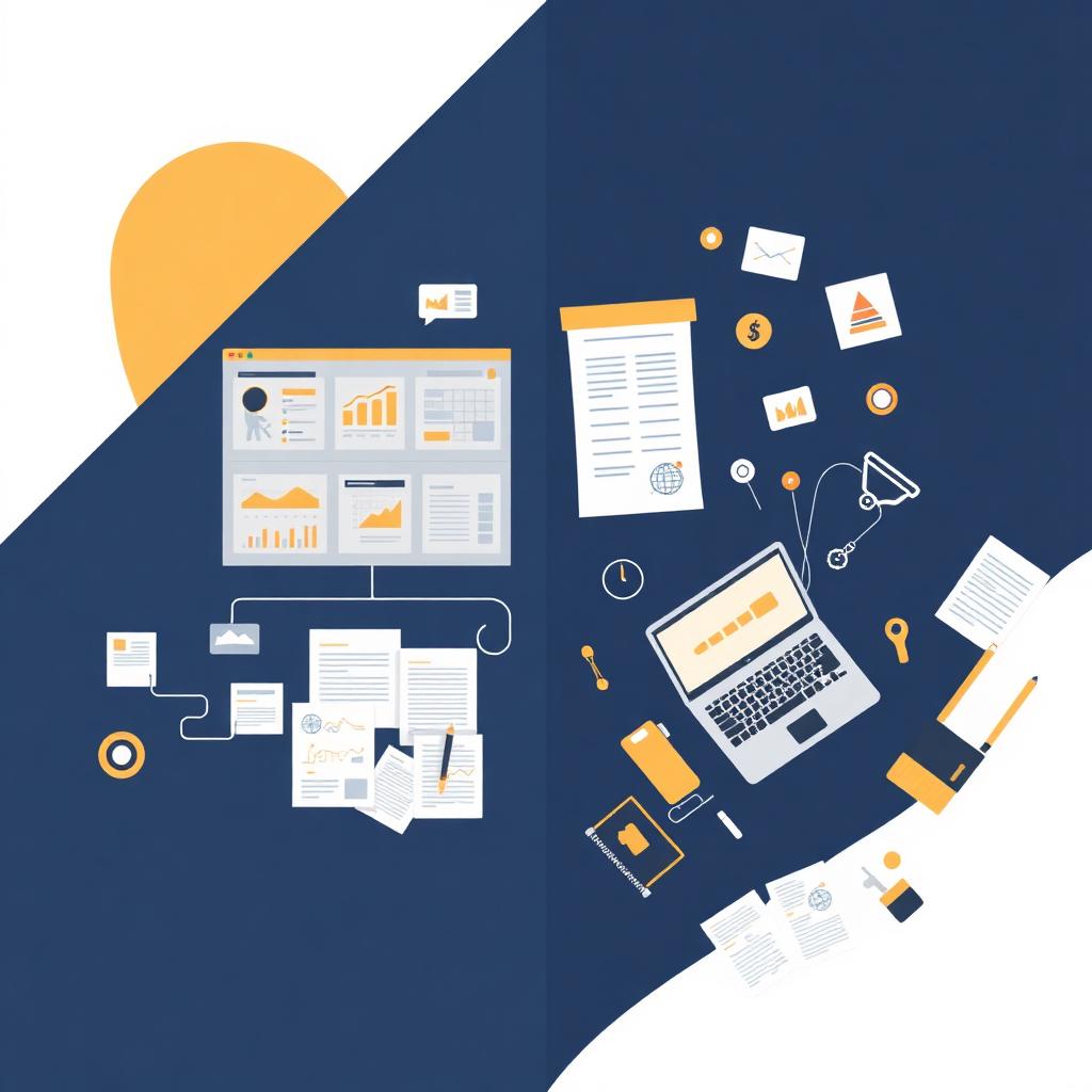 Abstract illustration comparing professional marketing agency teamwork with DIY solo entrepreneur approach