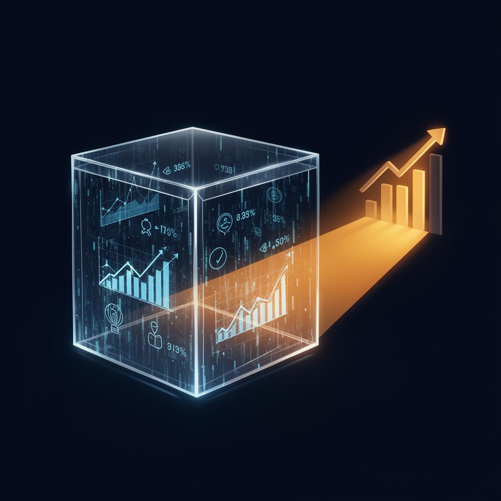 Transparent glowing black box revealing disconnected marketing data and revenue numbers with a clear path to upward charts