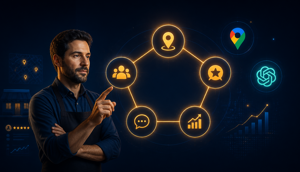 A business owner reviewing a five-question decision framework for comparing local SEO and AI visibility solutions, on a dark navy background