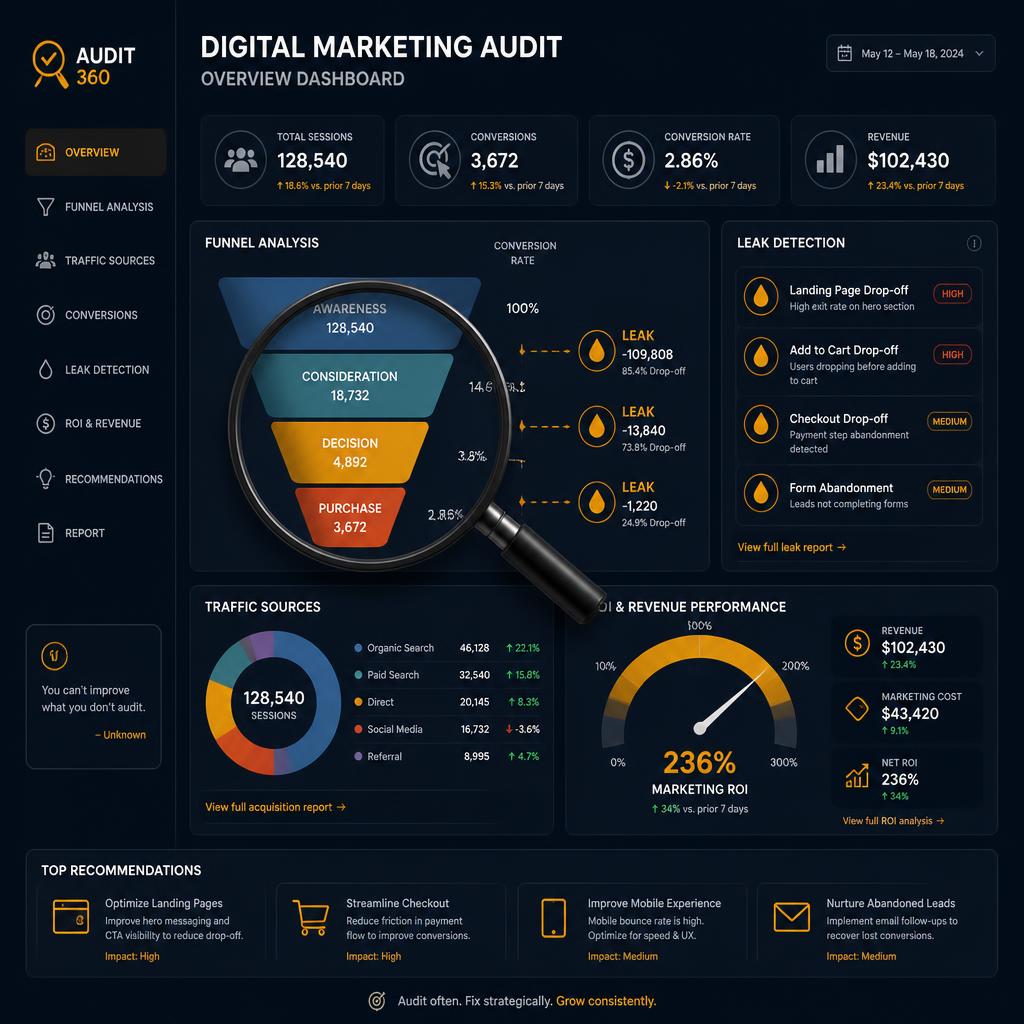 Digital marketing audit dashboard with magnifying glass over a conversion funnel, leak detection panel, ROI gauge, and traffic source charts on a dark navy background