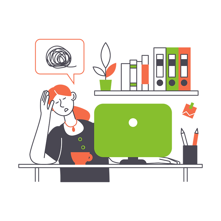 Person frustrated at desk with SEO problems illustrated on screen